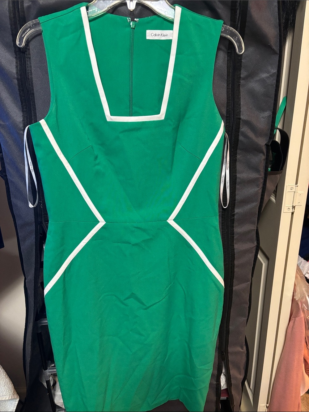 Calvin Klein Emerald Green Sheath Dress with White Trim
